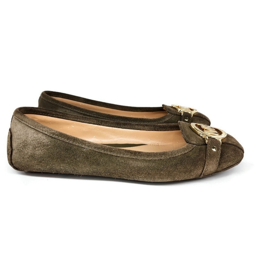 Michael Kors Fulton Dark Olive Green Suede Gold MK Logo Slip-On Driving Loafers - Picture 7 of 14